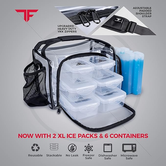 ThinkFit Clear Lunch Bag with 6 Meal Prep Containers - BPA-Free, Reusable, Microwave + Freezer Safe - With Shaker Cup and more! Clear Lunch Box - Transparent Bag for Work