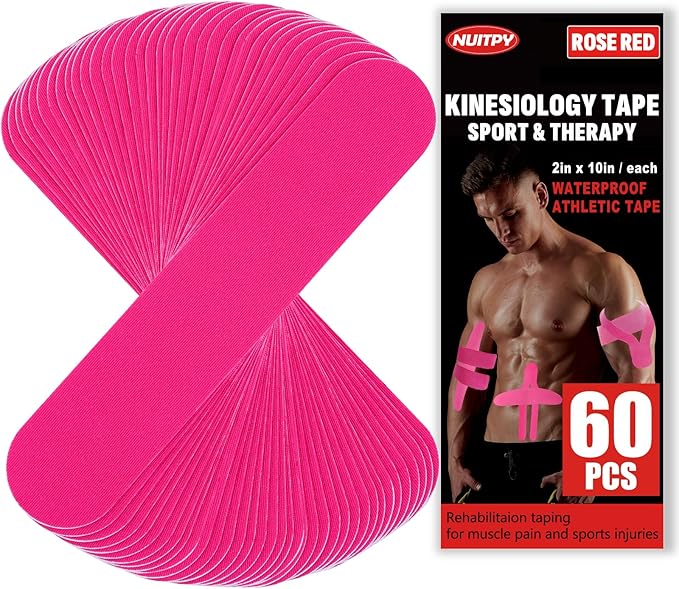 60PCS Precut Kinesiology Tape Strips, 2 inch x 10 inch Athletic Tape, Kinetic Tape, Elastic Muscle Tape, Sports Tape, Knee Tape for Exercise and Daily Use - Rose Red