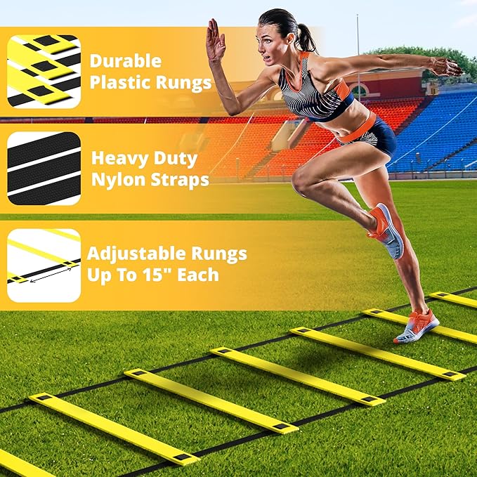 Yes4All Agility Ladder Speed Training Equipment Set - 1 Adjustable Agility Ladder, 12 Soccer Cones, 5 Hurdles, Jump Rope, Running Parachute - Speed & Agility Training Equipment for All Ages