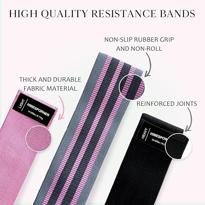 Wide Fabric Resistance Bands for Working Out, 3 Level Non-Slip Exercise Booty Bands for Women & Men Leg and Glutes with Hair Ties and Tape Measure - for Home Gym Workout, Yoga, Pilates