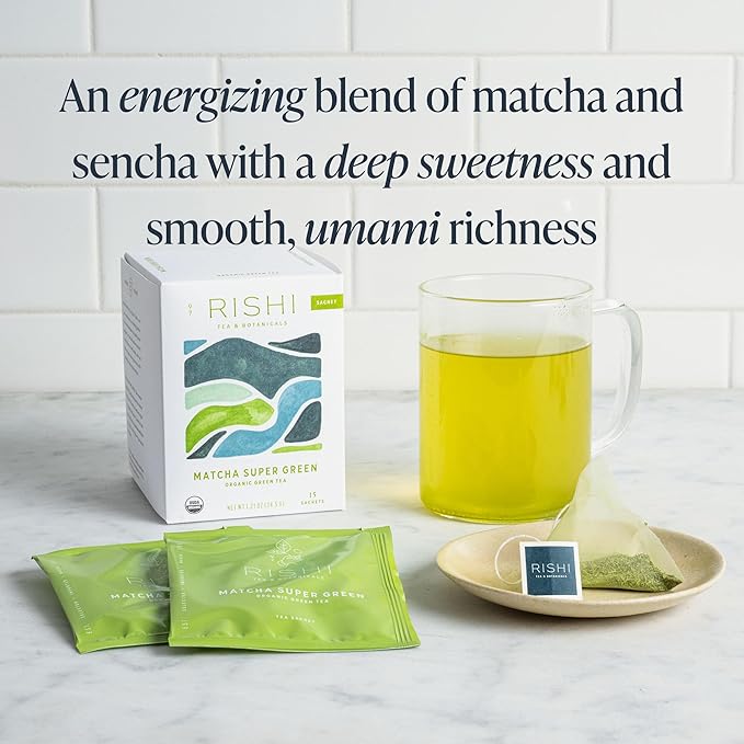 Rishi Tea Matcha Super Green Japanese Tea - Organic, Caffeinated Sachet Bags, Umami, Antioxidant Rich Sencha & Matcha Blend - 15 Count (Pack of 1)
