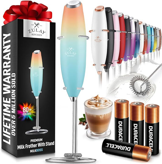 Zulay Powerful Milk Frother (4 Duracell Batteries Included) - Handheld Milk Frother Wand Drink Mixer for Coffee - Powerful Milk Foamer for Cappuccino, Frappe, Matcha & Coffee Creamer - Sunrise