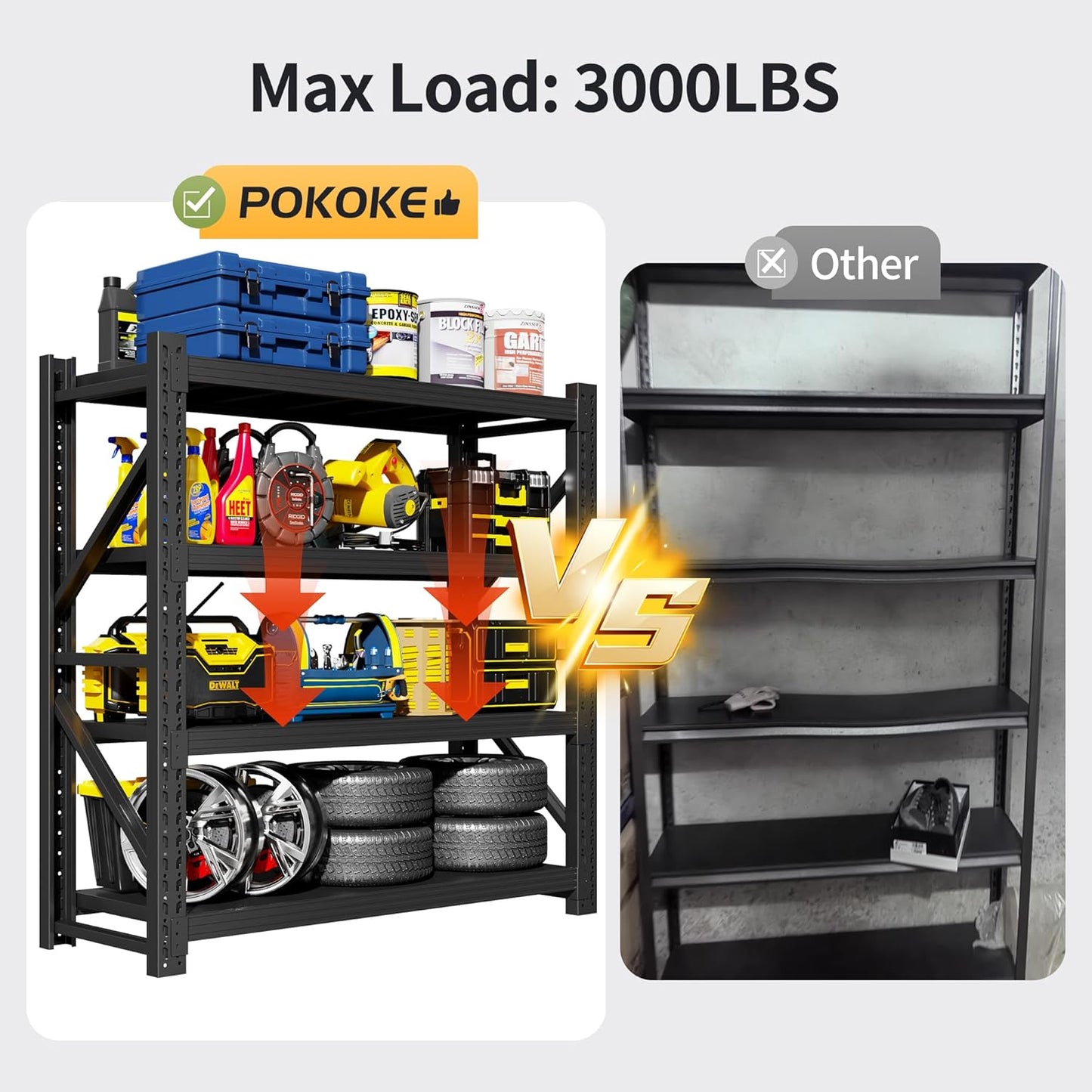 Garage Shelving Unit, 4 Tier Heavy Duty Racks, Easy Assembly, Metal Racks with Adjustable Shelves, 3000 LBS Load Capacity,for Warehouse,Basement (Black, 23.6" D x 47.2" W x 78.7" H)