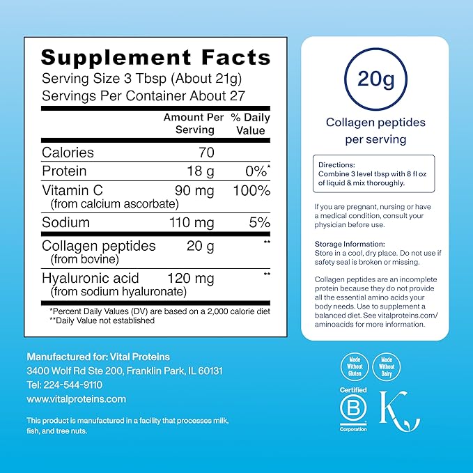 Vital Proteins Collagen Peptides Powder Advanced with Hyaluronic Acid & Vitamin C - 20oz Collagen Protein, Unflavored, 27 Servings