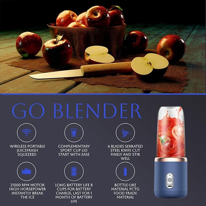 Paramexview® Portable Blender 14oz for Juices & Smoothies with 6 blades Puwerful performances Fusion Blender | USB Rechargeable, Lid, Cup included | Fit for travel and outdoor activities (Navy Blue)