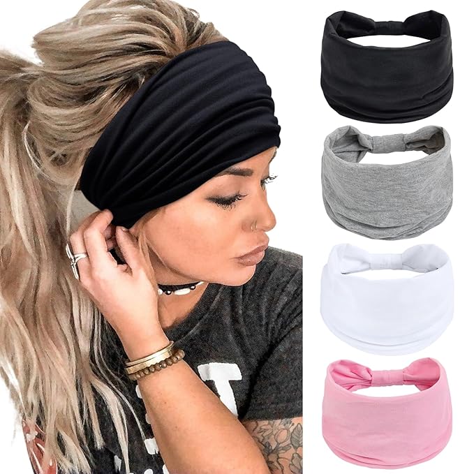 Huachi 4 Packs Wide Headbands for Women Pink Stylish Head Wraps Summer Boho Thick Hairbands Large African Sport Yoga Turban Headband Hair Accessories, Solid Color