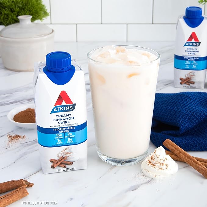 Atkins Creamy Cinnamon Swirl Protein Shake, 15g Protein, Low Glycemic, 2g Net Carb, 1g Sugar, Keto Friendly, 12 Count