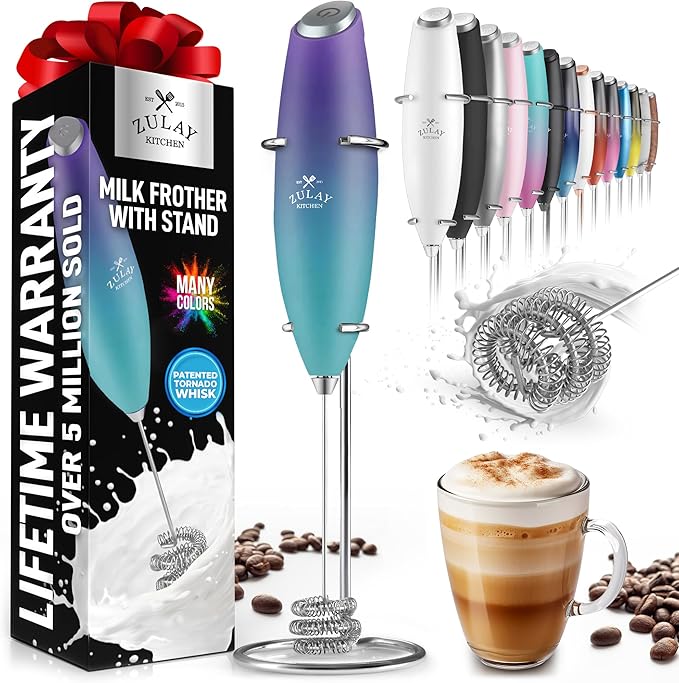 Zulay Kitchen Tornado Milk Frother Handheld Wand – Electric Coffee Frother with Triple Whisk & Stand – Hand Held Drink Mixer for Latte, Cappuccino, Matcha, Hot Chocolate, Protein Shakes – Teal Fade