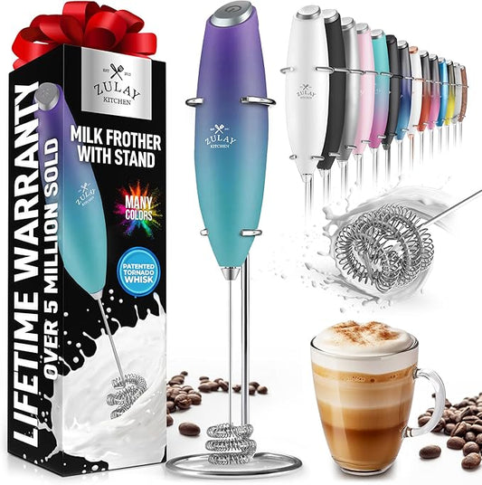 Zulay Kitchen Tornado Milk Frother Handheld Wand – Electric Coffee Frother with Triple Whisk & Stand – Hand Held Drink Mixer for Latte, Cappuccino, Matcha, Hot Chocolate, Protein Shakes – Teal Fade