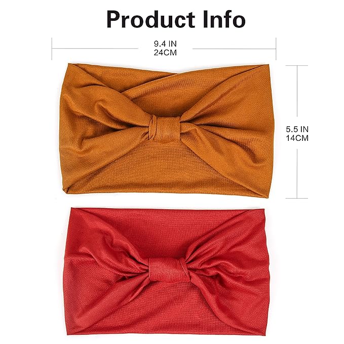 GILI 2 Pack Wide Headbands for Women Boho African Knotted Non Slip Fashion Hair Bands Yoga Running Sports Workout Gym Head Wraps Elastic Soft Cotton Cloth Turbans Bandana for Girls (Brown,Red)