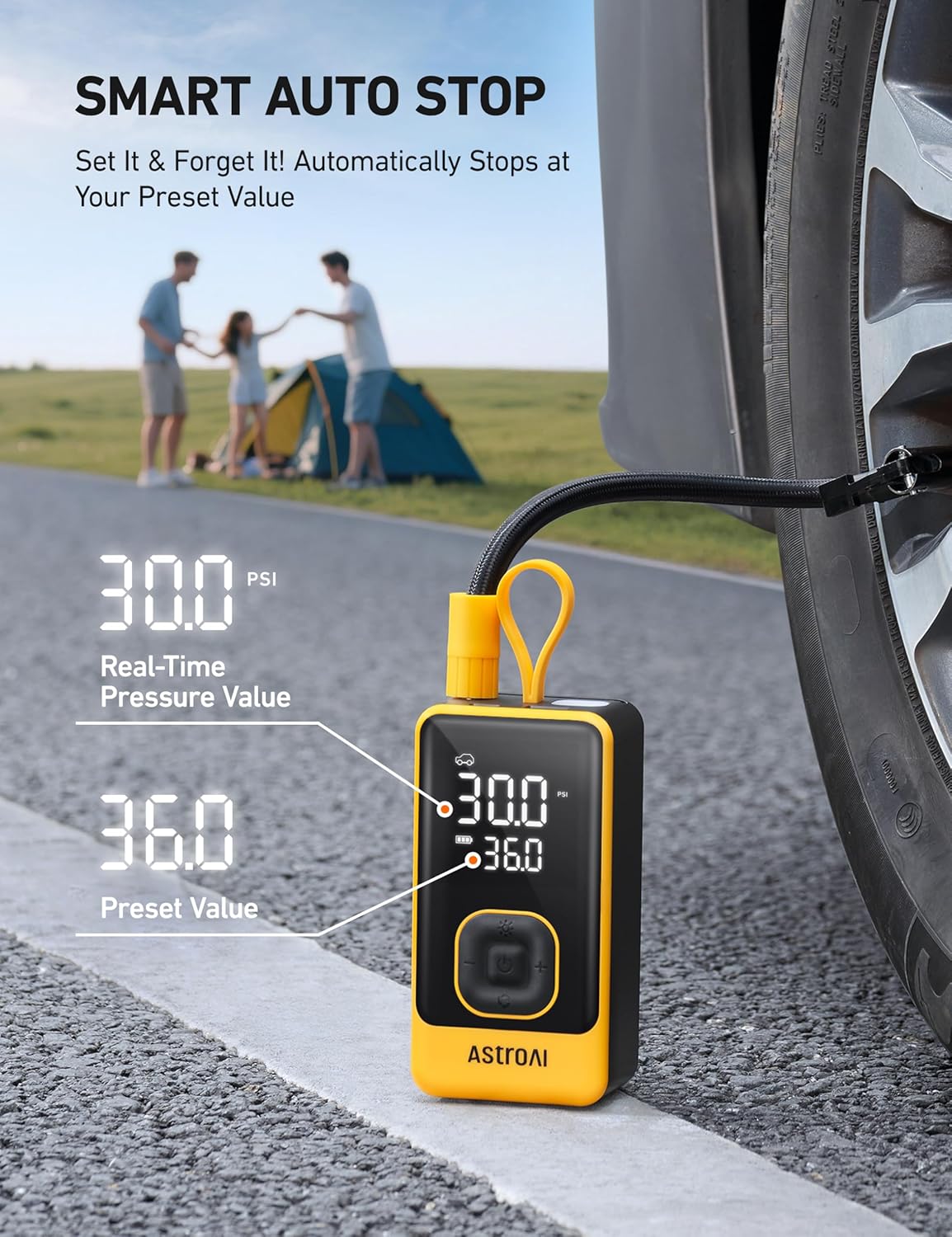 AstroAI L7 Air Tire Inflator Portable Air Compressor, 150PSI Electric Cordless Bike Pump with Fast 1-min Inflation, Auto Shutoff, LED Light – Rechargeable for Car, SUV, Motorcycle, Bike Tires, Yellow