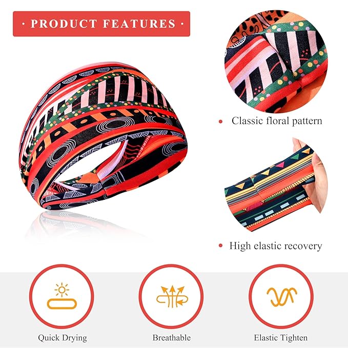 African Headbands Wide Head Wraps for Women Boho Turban Head Bands for Lady Large Sport Workout Stretchy Non-Slip Hair Bands,Pack of 8