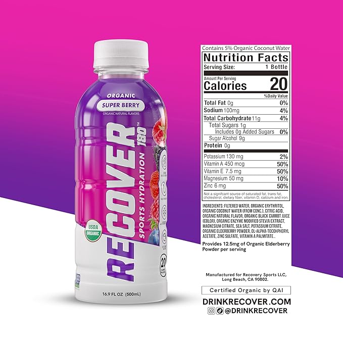 RECOVER 180 Organic Sports Hydration Drink, No Sugar Added, 20 Calorie Sports Beverage, Organic Flavors With Vitamins, Potassium-Packed Electrolytes (16.9 Fl Oz (Pack of 12), Super Berry)