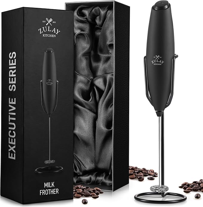Zulay Kitchen Executive Series Milk Frother Wand - Upgraded & Improved Stand - Ideal Coffee Gift - Coffee Frother Handheld Foam Maker For Lattes - Electric Milk Frother Handheld For Cappuccino