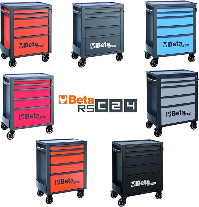 Beta RSC24 Heavy Duty Rolling Tool Cabinet, 5 Drawers, Grey, Ball Bearing Slides, Rubber Mat Liners, 5" Casters, Anti-Fall Edge Worktop, 1760 lbs Load Capacity, Made in Italy