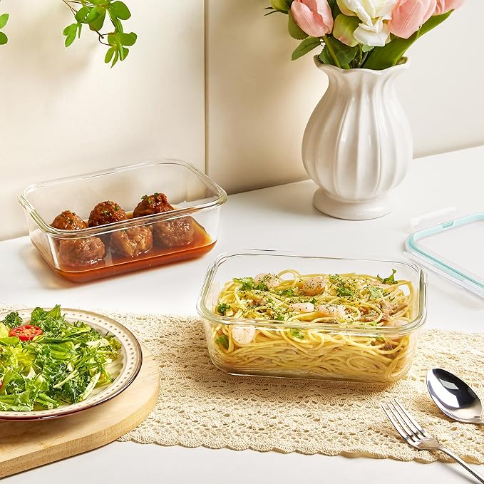 Vtopmart 2Pack 1860ml/ 63oz Large Glass Storage Containers with Lids, Meal Prep Food Container Set with Snap Airtight Lid for Baking, Microwave, Oven, Leak Proof, for Freezer, Dishwasher, Green