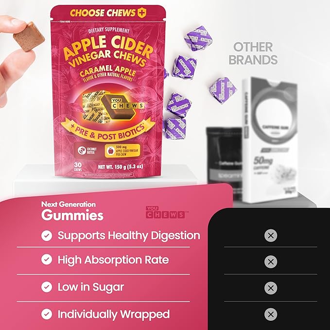 Apple Cider Vinegar Chews Better Than Apple Cider Gummies - Bloating Relief for Women and Men, 500mg Organic ACV with Prebiotics & Postbiotics, Low Sugar, Caramel Flavor, 30 Count