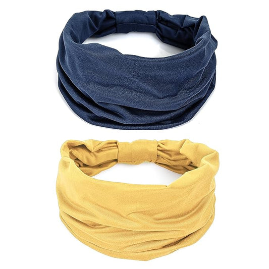 GILI 2 Pack Wide Headbands for Women Boho African Knotted Non Slip Fashion Hair Bands Yoga Running Sports Workout Gym Head Wraps Elastic Soft Cotton Cloth Turbans Bandana for Girls(Yellow,Navy)