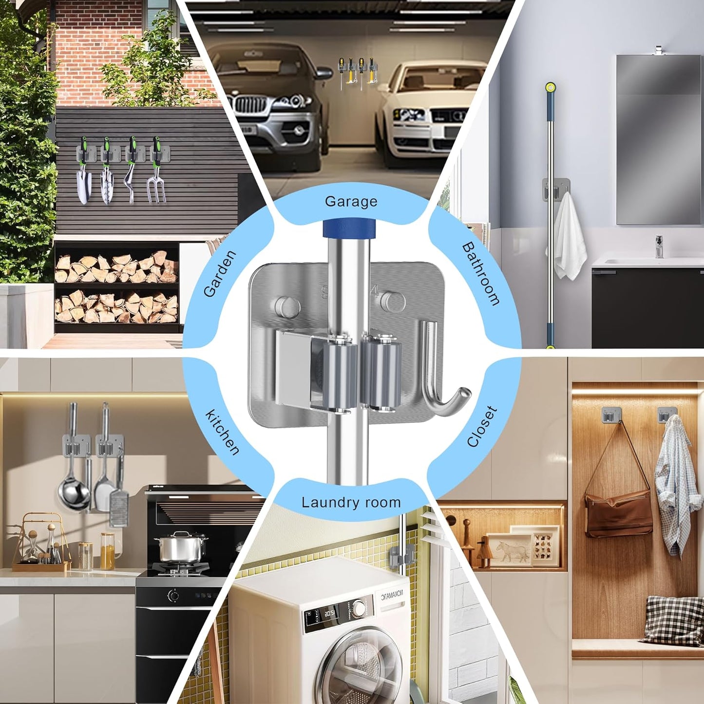 4 Pack Stainless Steel Mop and Broom Gripper with Hook, Screw Drilling or Self Adhesive Mop and Broom Holder Wall Mount, Storage Rack for Closet Laundry Garage Garden Tool Organizer, Silver