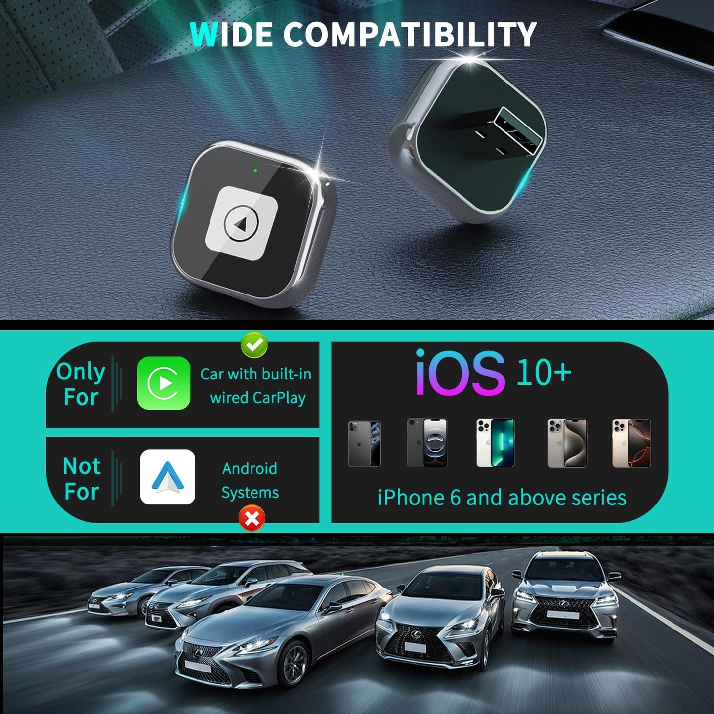 Wireless CarPlay Adapter for iPhone - Mini USB Design, Plug & Play, Auto Connect,Convert Wired to Wireless CarPlay in Seconds, iOS 10+ Compatible (2025 Upgrade) for Cars 2016+(Silver)