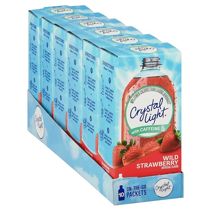 Crystal Light Wild Strawberry Artificially Flavored Powdered Drink Mix with Caffeine, 120 ct Pack, 12 Boxes of 10 On-the-Go-Packets