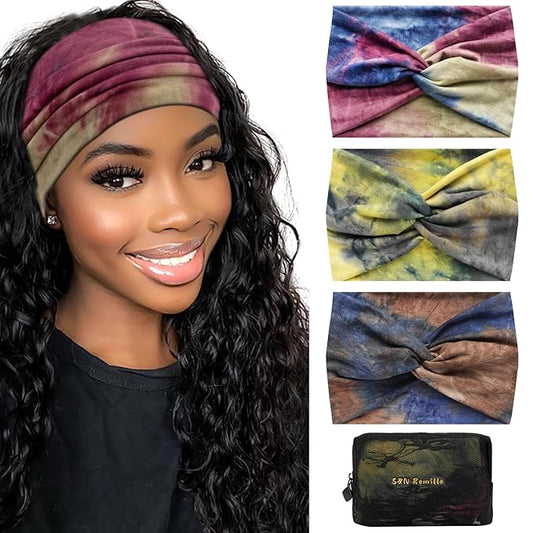 S&N Remille Wide Headbands for Women, Large Hairband, Elastic Non-Slip Headband Twist Knotted Accessories, Yoga Workout Vintage Hair 3 Pack (Colour-4)