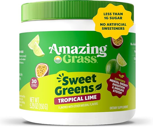 Amazing Grass Sweet Greens and Superfoods Powder for Digestive Health, Greens Powder, Digestive Enzymes, Probiotics, Spirulina, Chlorella, Tropical Lime, 30 Servings