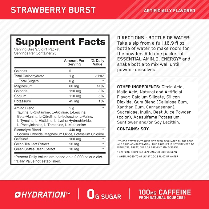 Optimum Nutrition Amino Energy Plus Hydration Packets, On-The-Go Energy Powder Stick Packs, Strawberry Burst, 25 Count