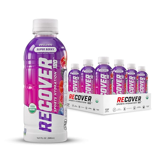 RECOVER 180 Organic Sports Hydration Drink, No Sugar Added, 20 Calorie Sports Beverage, Organic Flavors With Vitamins, Potassium-Packed Electrolytes (16.9 Fl Oz (Pack of 12), Super Berry)