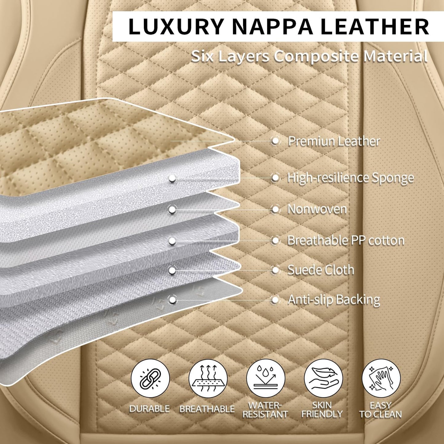 Car Seat Covers Full Set Leather Seat Covers Automotive Seat Covers Universal Car Seat Cover for Most Cars Beige