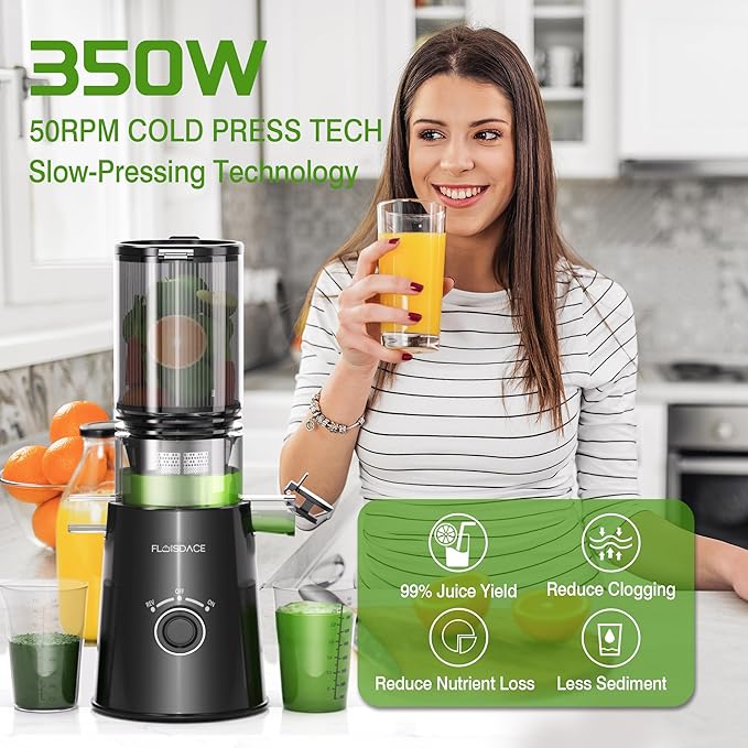 Cold Press Juicer, Slow Masticating Juicer Machines with 5" Feeding Chute Fit Whole Fruits&Vegetables, Stainless Steel Slow Masticating Juicer Easy to Clean, 99.6% Juice Purity, 1.5L Capacity-Black.