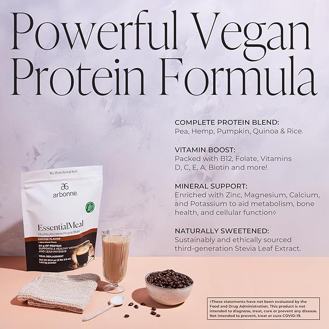 Arbonne EssentialMeal Meal Replacement Shake - Protein Shake, Vegan Protein Powder, Complete Daily Nutrition, Coffee
