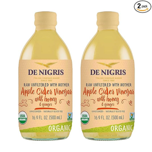 De Nigris Organic Apple Cider Vinegar With Honey & Ginger, Raw & Unfiltered 16,9 Oz (Pack of 2) | Apple Cider Vinegar With Mother For The Balance Of Metabolism, Organic
