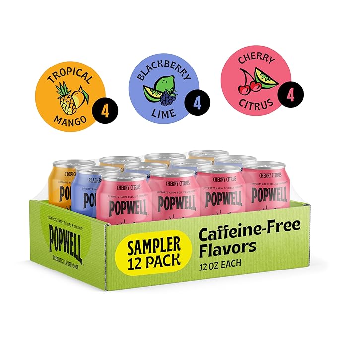 Popwell Variety Pack Better-For-You Prebiotic Soda, with 6g Fiber, 1g Sugar, Vitamins and Immunity Support, 12 fl oz, 12 count (Blackberry Lime, Cherry Citrus, Tropical Mango)