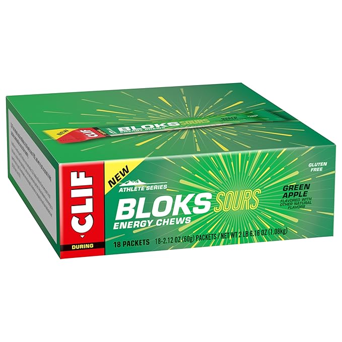 Clif Bloks Sours - Green Apple Flavor - Energy Chews - Non-GMO - Plant Based - Fast Fuel for Cycling and Running - Quick Carbohydrates and Electrolytes - 2.12 oz. (18 Count)
