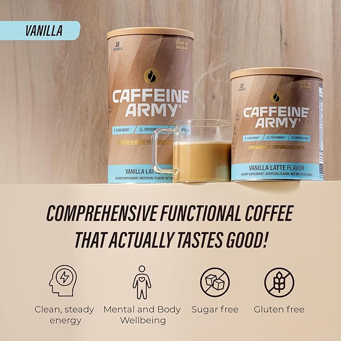 CAFFEINE ARMY Vanilla Latte | Comprehensive Functional Coffee with MCTs, CoQ10, Collagen and Adaptogens: Clean Energy + Supports Daily Attention, No Jitters or Crash (7.8 oz 22 Servings)