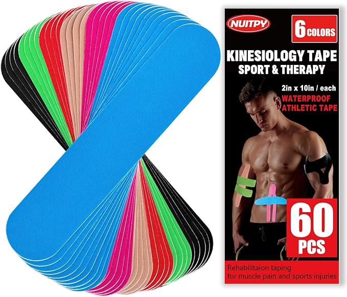 60PCS Precut Kinesiology Tape Strips, 6 Colors 2 inch x 10 inch Cotton Athletic Tape, Kinetic Tape, Elastic Muscle Tape, Sports Tape, Knee Tape for Exercise and Daily Use