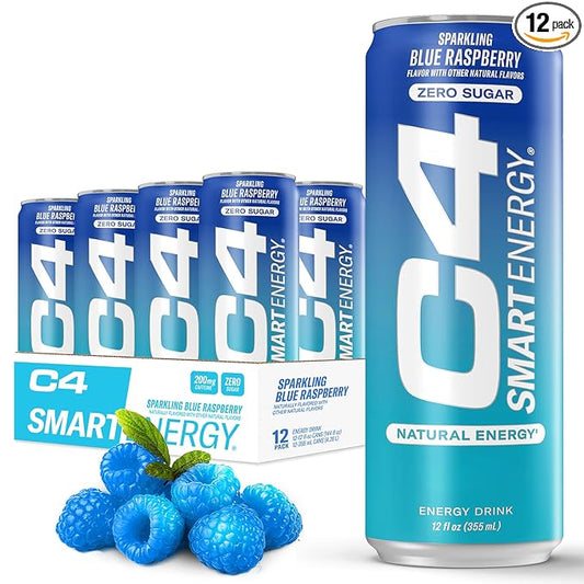 Cellucor C4 Smart Energy Drink ‚ Boost Focus and Energy with Zero Sugar, Natural Energy, and Nootropics - 200mg Caffeine - Blue Raspberry (12oz Pack of 12)