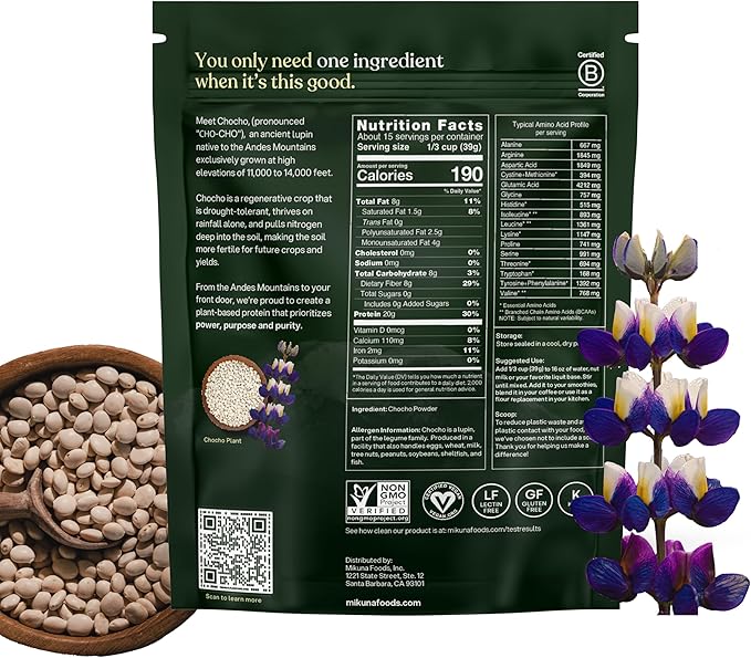 Mikuna Vegan Protein Powder (Pure Chocho, 21 Servings) - Plant Based Chocho Superfood Protein - Dairy Free Protein Powder Packed with Vitamins, Minerals & Fiber - Gluten, Keto & Lectin-Free