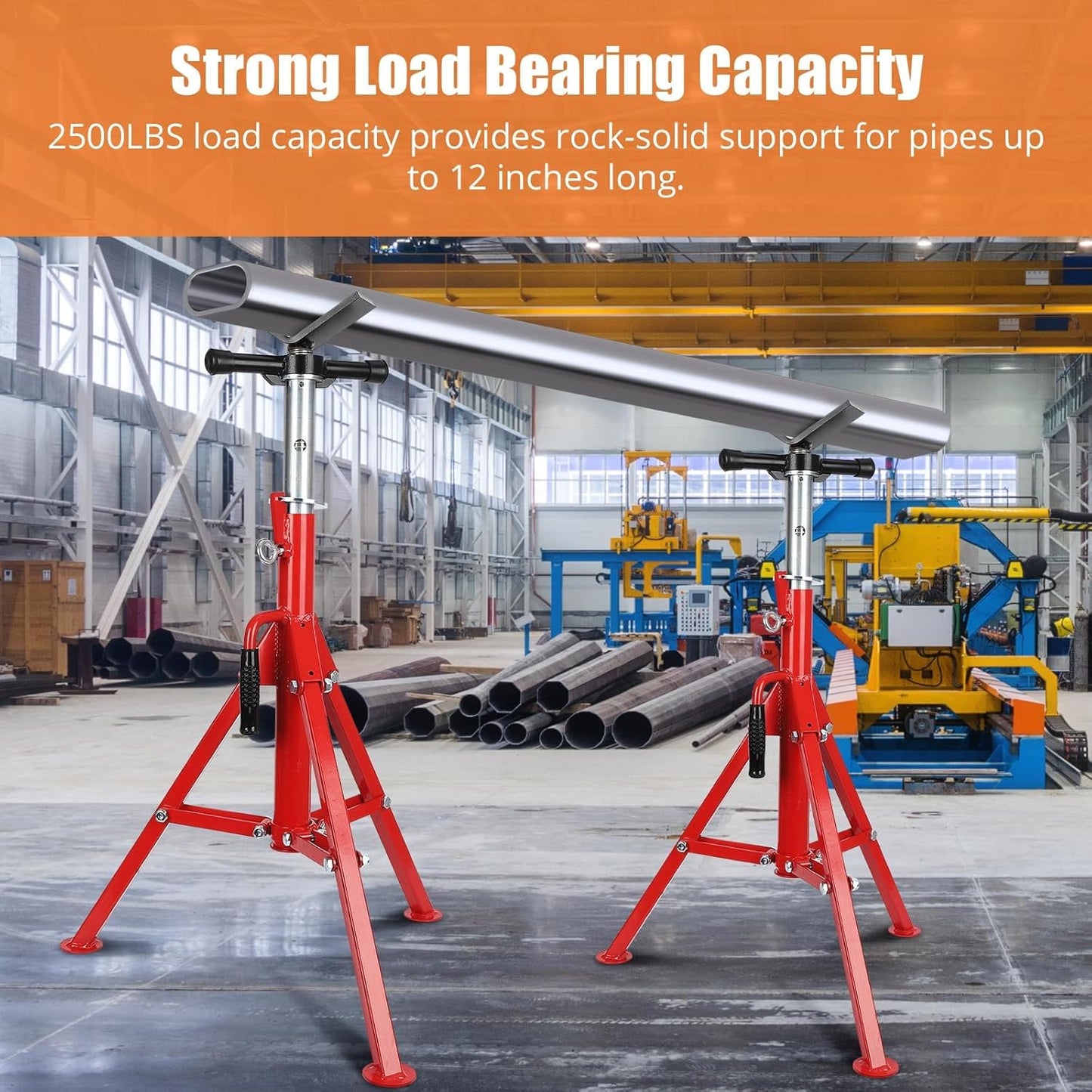 V-Head Pipe Jack Stand, 2500 Lbs Heavy-Duty Steel Pipe Stand with Adjustable Height 28"-52", Folding Design & Secure V-Head Support for Welding, Automotive & Construction Projects, Red