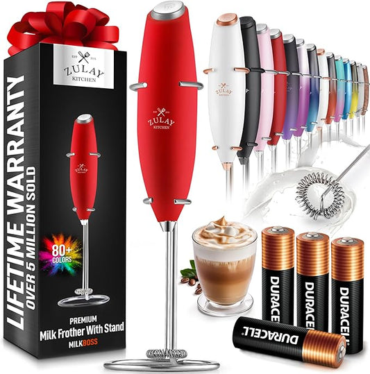 Zulay Powerful Milk Frother (4 Duracell Batteries Included) - Handheld Milk Frother Wand Drink Mixer for Coffee - Powerful Milk Foamer for Cappuccino, Frappe, Matcha & Coffee Creamer - Red