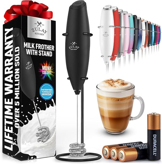 Zulay Kitchen Tornado Whisk Milk Frother with 4 AA Duracell Batteries - Triple Whisk for More Power - Handheld Coffee Frother with Stand - Drink Mixer for Lattes, Matcha & Protein Shakes