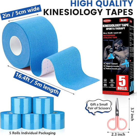 5 Rolls Kinesiology Tape, 2 inch x 16.4 Feet Waterproof Athletic Tape, Uncut Kinetic Tape, Muscle Tape, Sports Tape, Knee Tape for Exercise and Daily Use - Blue