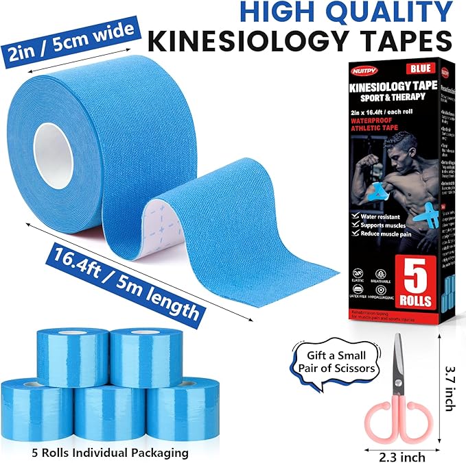 5 Rolls Kinesiology Tape, 2 inch x 16.4 Feet Waterproof Athletic Tape, Uncut Kinetic Tape, Muscle Tape, Sports Tape, Knee Tape for Exercise and Daily Use - Blue