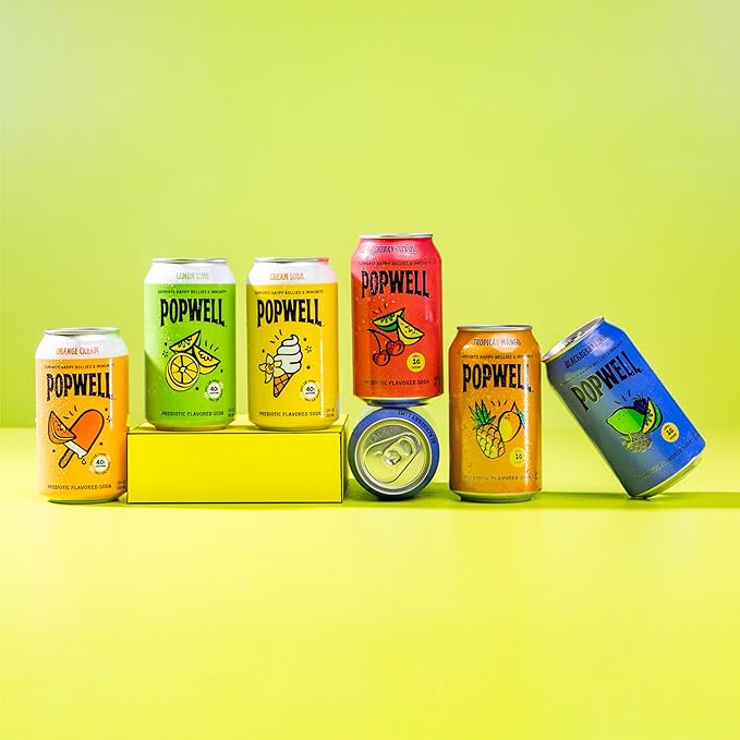 Popwell Cherry Citrus Better-For-You Prebiotic Soda, with 6g Fiber, 1g Sugar, Vitamins and Immunity Support, 12 fl oz Cans (pack of 12)