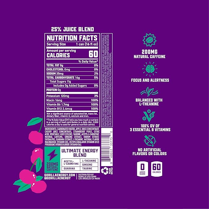 Gorilla Energy Drink, Cherry Berry, 200mg Natural Caffeine, Real Fruit Juice Squeezed & Concentrated, L-Theanine, Taurine, Ginseng, Acetyl L-Carnitine, No Added Sugar and No Artificial Colors, 12 Pack