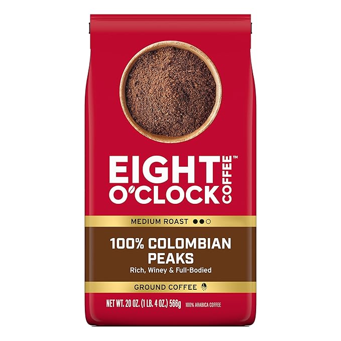 Eight O'Clock Coffee 100% Colombian Peaks Ground Coffee, Medium Roast, 20 Ounce (Pack of 1) - Rich, Winey & Full Bodied