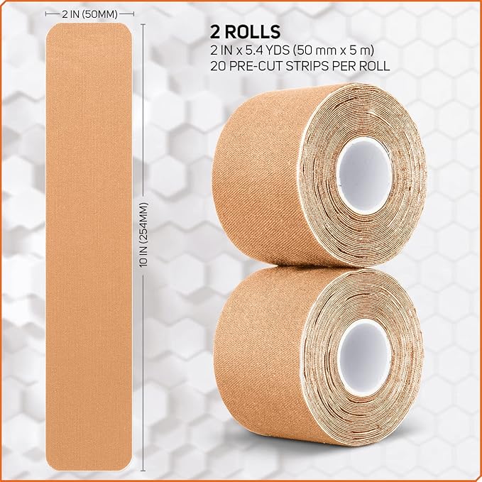 Care Science Waterproof Kinesiology Tape, Precut Water Resistant Strips, Elastic Athletic Tape for Sports & Weightlifting, Supports Muscles & Joints, Muscle Strain Relief, Tan, 2 Rolls, 40 Count