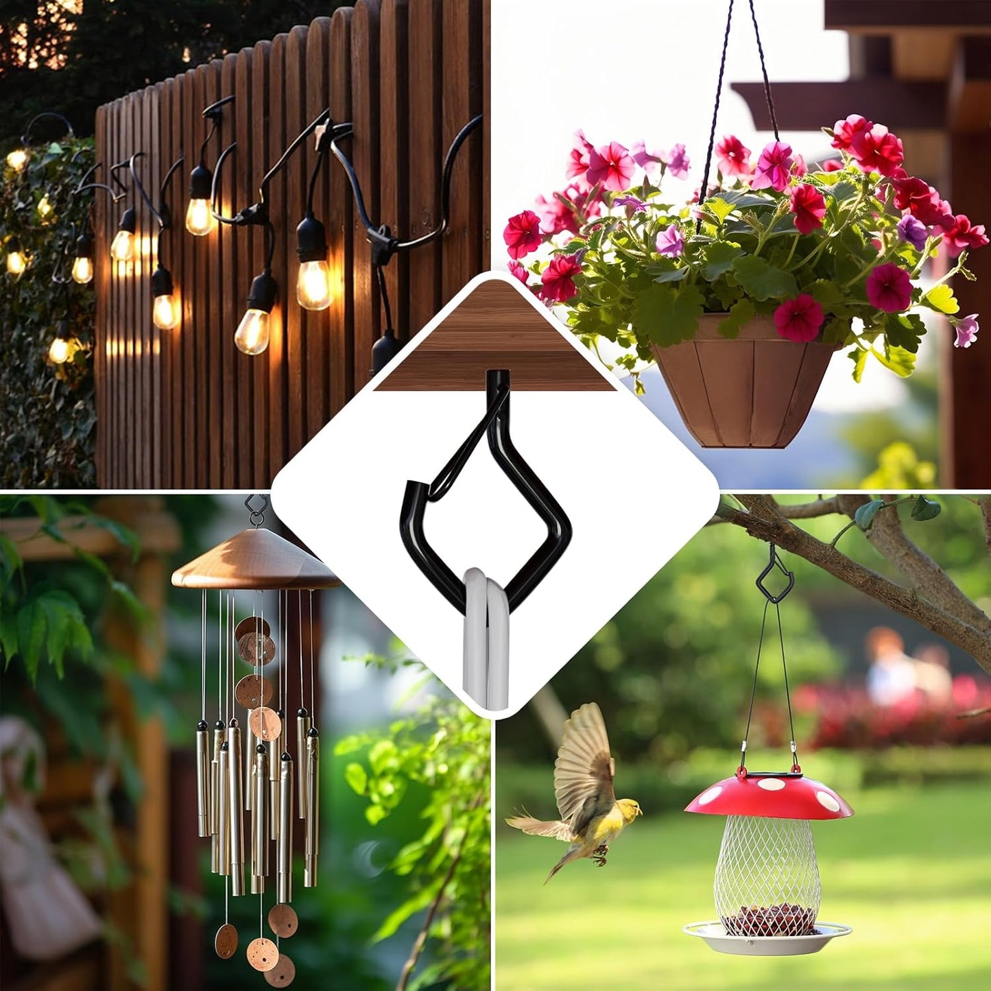 Square Ceiling Hooks with Safety Buckle for String Lights, Plants, Wind Chimes, 40-Pack, 2.36 inch, Black
