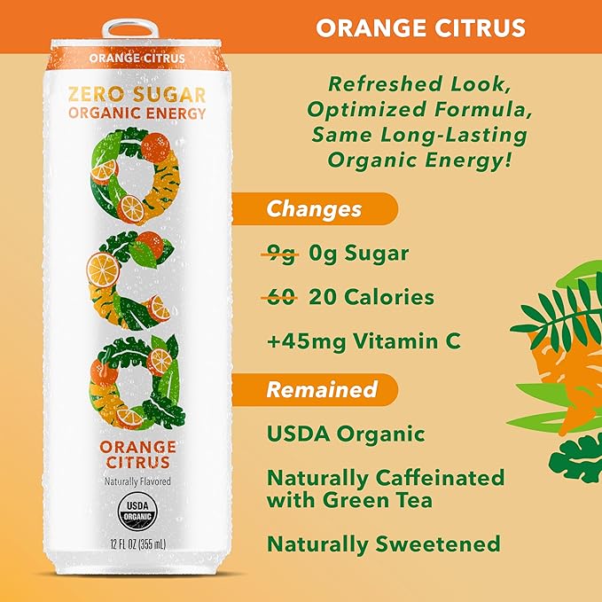 OCA ZERO Orange Citrus, Organic energy drink, zero sugar, gluten-free, vegan plant-based, 12 Fl Oz (12-pack)
